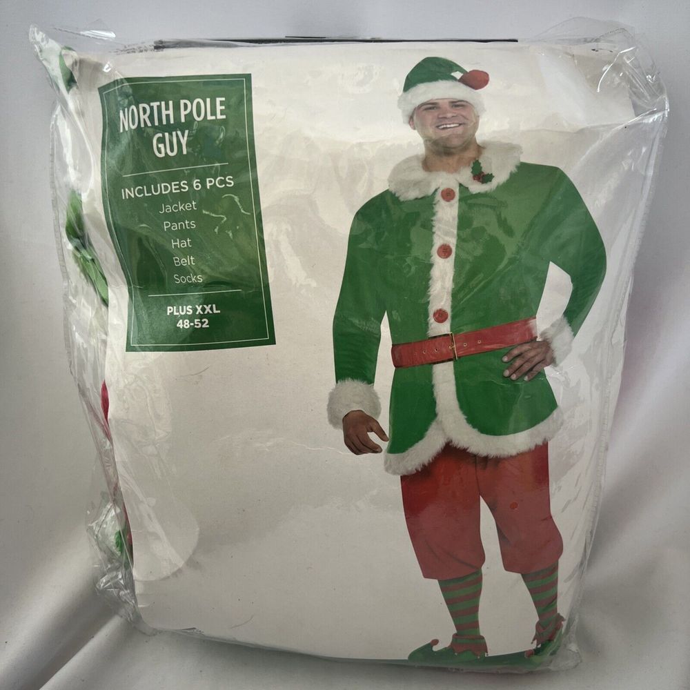 North Pole Guy 6 Pc XXL 48/52 Holiday Christmas Costume Red Green Men‎